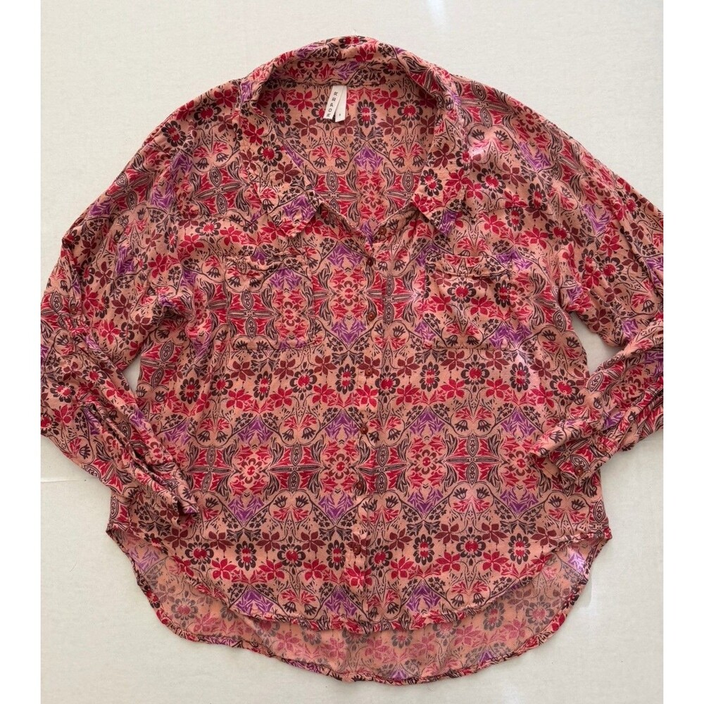 Vintage Roper women’s M Floral Western Boho Button Up Top Blouse Coral 90s